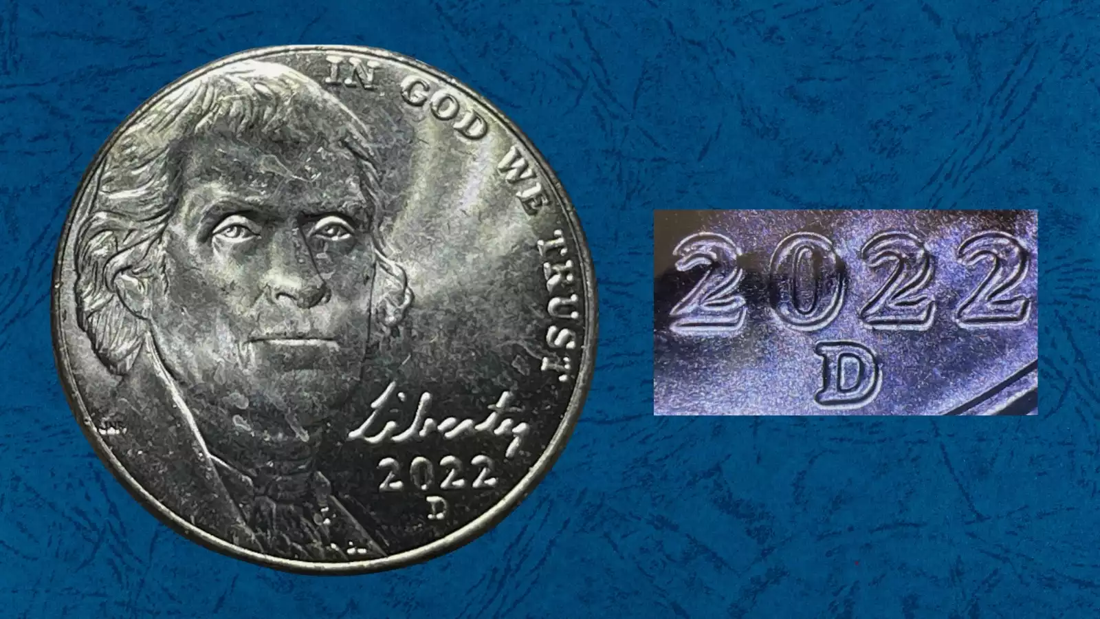 2022-P nickel Doubled Die Reverse (DDR) showing doubling on reverse inscriptions