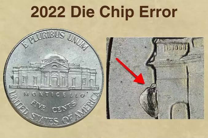 2022-P nickel die chip 'Spear in Nose' error showing die chip at Jefferson's nose on obverse
