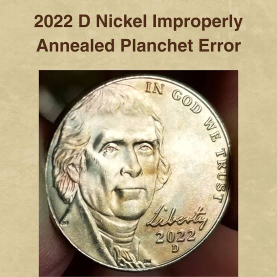 2022-D nickel improperly annealed planchet error showing dark brownish discoloration across surfaces