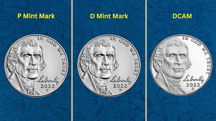 2022 Jefferson nickels from Philadelphia, Denver, and San Francisco mints shown side by side