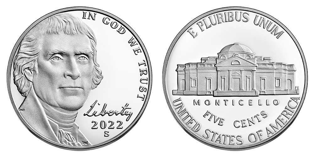 2022 Jefferson nickel grading strip showing four condition tiers from worn to gem uncirculated